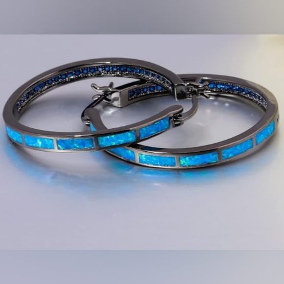 Black and Turquoise Blue Opal Hoop Earrings Hoops Rhinestone Crystal Channel New - Picture 2 of 11